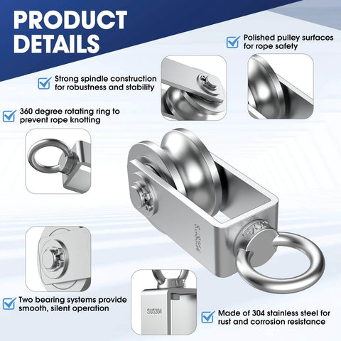 Image of U Type Swivel Pulley Block, 304 Stainless Steel Pulleys for Wire Rope Cable Lifting, featuring polished surfaces and 360-degree rotating ring.