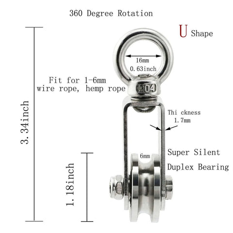 ✝️ U Type Swivel Pulley 304 Stainless Steel Duplex Bearing Detachable 360 Degree Rotation Heavy Duty Traction Wheel dimensions