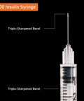 Close-up of a disposable sterile 1ml syringe 31G with 5/16 inch 8mm needle, showing triple-sharpened bevel, labeled for insulin use.