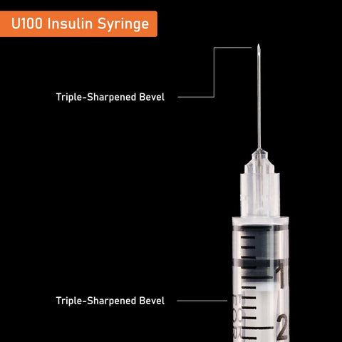 Close-up of a disposable sterile 1ml syringe 31G with 5/16 inch 8mm needle, showing triple-sharpened bevel, labeled for insulin use.