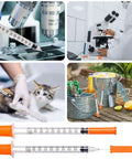 Collage showing 30 Pack U100 Syringes 1Ml 30G 5 Sixteenth Inch Needles in various uses including lab, veterinary, and outdoor settings.