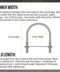 Diagram showing dimensions of Premium 304 stainless steel U bolt kit with nuts, washers and frame plate, 4Set for 22mm pipes and M6 threads