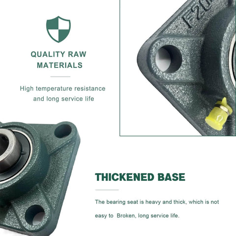 Close-up of 4 PCS of UCF205-16 Pillow Block Bearings with square flange, showcasing thick base and durable materials.