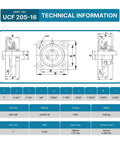 Technical specifications for UCF205-16 Pillow Block Bearing with diagrams and measurements. Includes UCF205-16 bearing details.