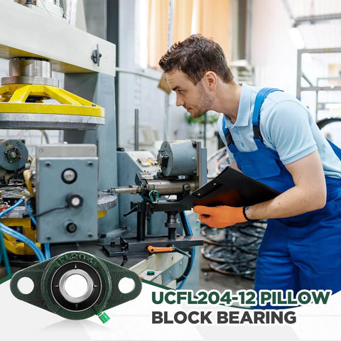 Technician examining industrial equipment with UCFL204-12 Pillow Block Bearing set in the foreground.