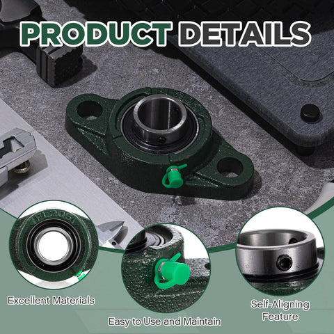 Close-up of 10 Pack UCFL205-16 Pillow Block Bearing 1 Inch Bore Self Aligning Flange Mount with green detail accents.
