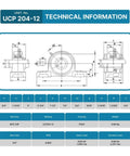 Technical diagram for UCP204-12 pillow block bearing pack of 10 with 3/4 inch bore, showing dimensions and specifications.
