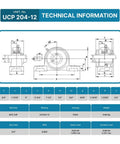 UCP204 12 PGN Pillow Block Bearing technical drawing and specifications chart