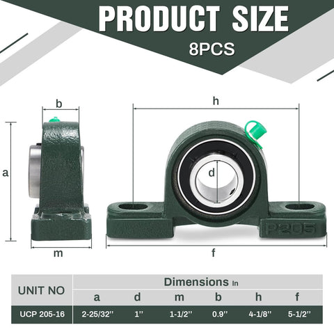 Diagram showing dimensions of 8 Pcs UCP205-16 Pillow Block Bearing with 1" Bore Flange Mounted Pillow Block Ball Bearing Self Alignment Cast Iron Housing Steel Unit for Industry, Green