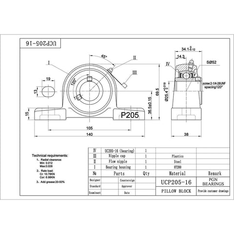 Technical diagram of UCP205-16 Pillow Block Bearing with dimensions and material details.