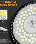 Close-up view of a 4 Pack 320W UFO High Bay LED Shop Lights With 45000LM, 6500K Daylight, IP65 Waterproof Industrial Lamps for Warehouse Garage Workshop.