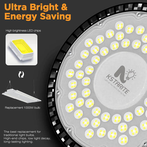 Close-up view of a 4 Pack 320W UFO High Bay LED Shop Lights With 45000LM, 6500K Daylight, IP65 Waterproof Industrial Lamps for Warehouse Garage Workshop.