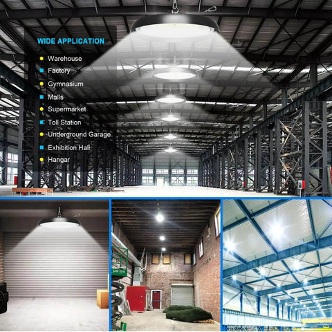 Eight Pack 200W LED High Bay Light UFO Style With 30000 Lumen 6000K Daylight 2000W Equivalent lighting in warehouse