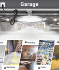 Ridiculously Bright 10 Pack 150W UFO LED High Bay Lights 6000K Daylight 120VAC IP66 Waterproof 21050LM Equivalent To 650W MH HPS For Warehouse Shop Workshop Barn Gym Factory shown in various settings including garage and warehouse.