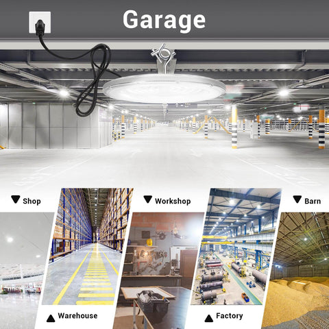 Ridiculously Bright 10 Pack 150W UFO LED High Bay Lights 6000K Daylight 120VAC IP66 Waterproof 21050LM Equivalent To 650W MH HPS For Warehouse Shop Workshop Barn Gym Factory shown in various settings including garage and warehouse.