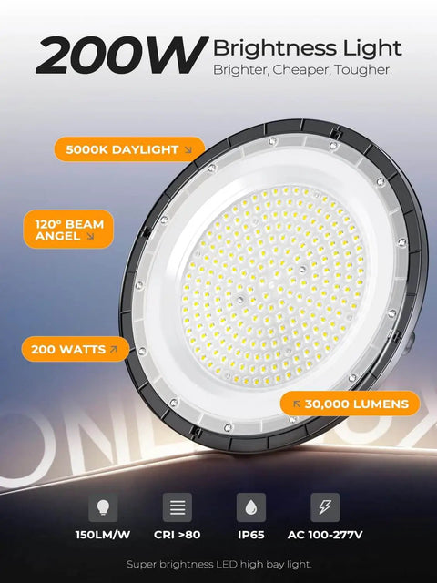 UFO LED High Bay Lights 200W 30,000LM Ultra Bright Energy Saving Industrial Shop Lights For Warehouse Factory Garage IP65 Waterproof 5000K Daylight High Ceiling Durability With Aluminum Housing 10 Pack ONLYLUX