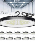 UFO LED High Bay Lights 200W 30,000LM Ultra Bright Energy Saving Industrial Shop Lights For Warehouse Factory Garage IP65 Waterproof 5000K Daylight High Ceiling Durability With Aluminum Housing 10 Pack ONLYLUX showing front view.
