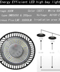 UFO LED High Bay Light 200W 4 Pack With US Plug Cable, 22000 Lumen 6000K Daylight, detail view showing LED design and specifications.