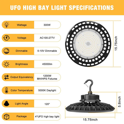 Ultra Bright 300W UFO LED High Bay Light Four Pack Workhorse With 45,000 Lumens and 150 Lumens Per Watt specs and dimensions