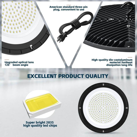 UFO LED High Bay Lights 200W 28,000 Lumens 5000K With US Plug And Five Foot Cable Eight Pack For Warehouse Garage Workshop Factory Lighting AC100 To 277V Built Tough Durable Dustproof Waterproof Pro Grade product features
