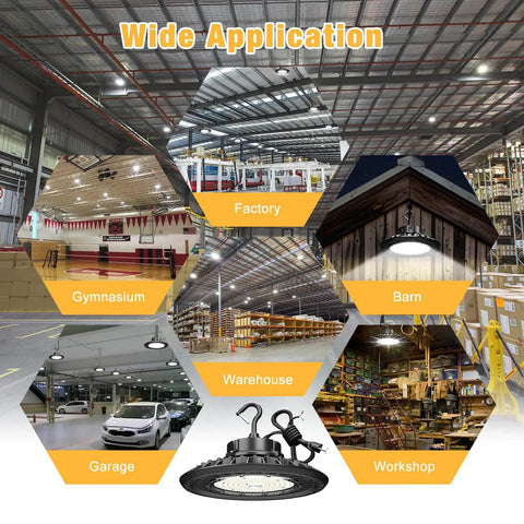 Ultra Bright 300W UFO LED High Bay Light Four Pack Workhorse with 45,000 Lumens showcased in various applications like factory and barn