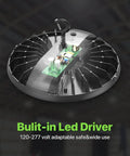 Close-up of UFO LED High Bay Light 6 Pack 150W 22,500 Lumen 150 LM/W IP65 Waterproof Warehouse Lighting Fixture showing built-in LED driver