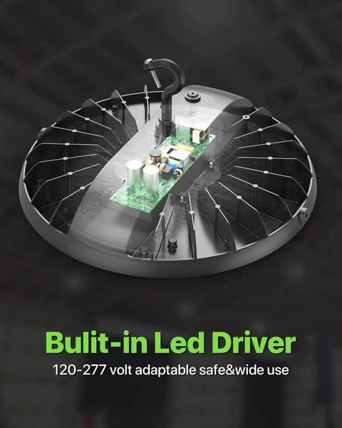 Close-up of UFO LED High Bay Light 6 Pack 150W 22,500 Lumen 150 LM/W IP65 Waterproof Warehouse Lighting Fixture showing built-in LED driver