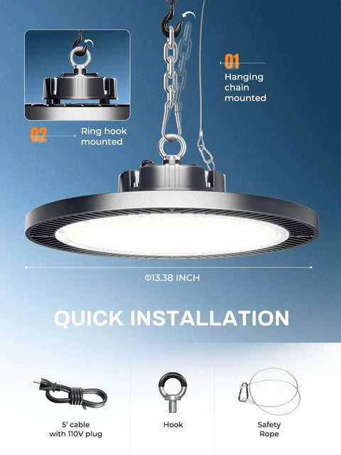 Super Bright 250W UFO LED High Bay Light With Plug And 5ft Cable 35000 Lumens 5000K Cool White installed with chain