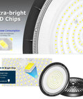Close-up of Eight Pack 200W LED High Bay Light UFO Style With 30000 Lumen 6000K Daylight 2000W Equivalent chips and design
