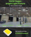 UFO LED High Bay Light 6 Pack 150W 22,500 Lumen 150 LM/W IP65 Waterproof Warehouse Lighting Fixture hanging in warehouse