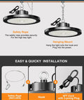 Ultra Bright UFO LED High Bay Lights For Garages And Warehouses 8 Pack 150W 22500 Lumens 5000K Daylight AC 100-277V Plug And Play With 5ft US Plug Cable ONLYLUX installation guide, showing safety rope, hook, and 5ft cord features.