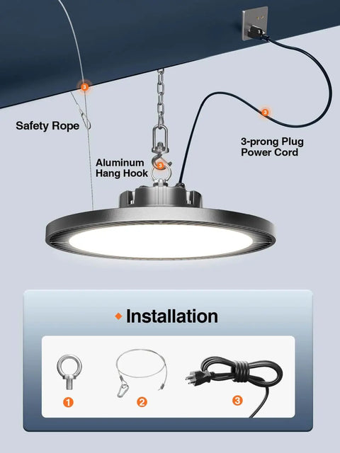 Crazy Bright 250W UFO LED High Bay Light 35000LM 5000K Eight Pack Shop Lighting With 5ft Cable Hanging Hook installation guide
