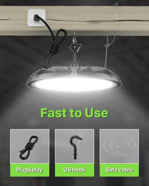 UFO LED High Bay Light 6 Pack 150W 22,500 Lumen 150 LM/W IP65 Waterproof Warehouse Lighting Fixture installed view.