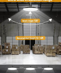 Install view showing Four Pack 350W UFO High Bay LED Shop Lights For Industrial Spaces lighting warehouse with boxes