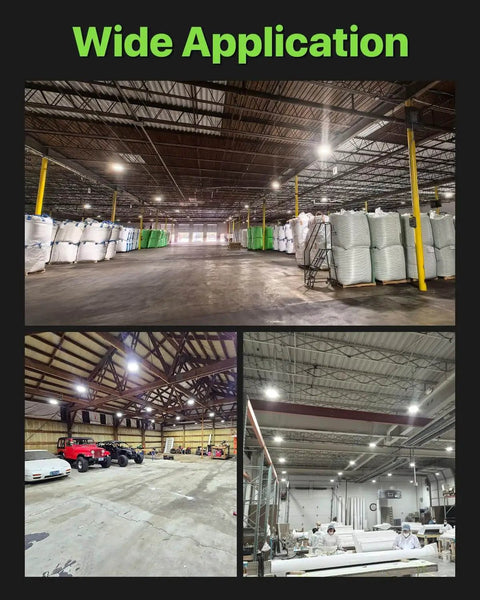UFO LED High Bay Light 6 Pack 150W 22,500 Lumen 150 LM/W IP65 Waterproof Warehouse Lighting Fixture installed in warehouse