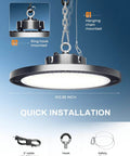 Ultra Bright 200W UFO LED High Bay Light With 5000K Daylight And 30000LM, 5ft Hanging Cable Hook, installation shown