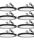 Eight UFO LED High Bay Lights 200W 28,000 Lumens 5000K With US Plug And Five Foot Cable for industrial use
