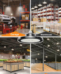 Ultra Bright UFO LED High Bay Lights For Garages And Warehouses 8 Pack 150W 22500 Lumens 5000K Daylight AC 100-277V Plug And Play With 5ft US Plug Cable ONLYLUX installed in various settings