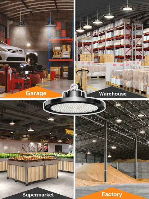 Ultra Bright UFO LED High Bay Lights For Garages And Warehouses 8 Pack 150W 22500 Lumens 5000K Daylight AC 100-277V Plug And Play With 5ft US Plug Cable ONLYLUX installed in various settings