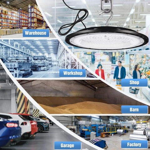 Ultra Bright 12 Pack 240W UFO LED High Bay Lights 120VAC IP66 Waterproof 40000LM 5000K Daylight installed in industrial spaces