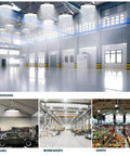 UFO LED High Bay Lights 200W 28,000 Lumens 5000K installed in warehouse, garage, workshop with US plug and five foot cable