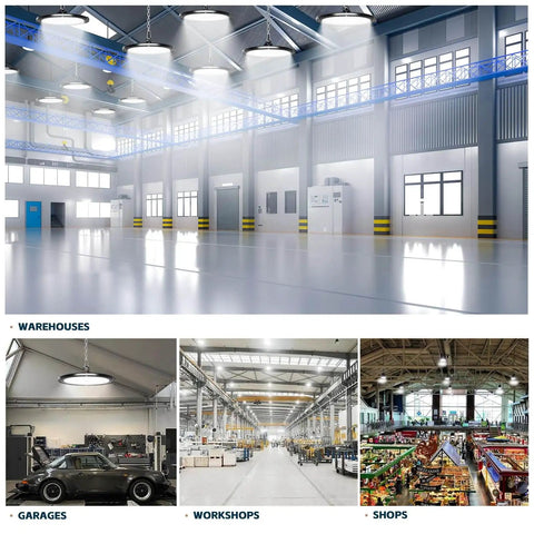 UFO LED High Bay Lights 200W 28,000 Lumens 5000K installed in warehouse, garage, workshop with US plug and five foot cable