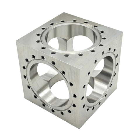 Six Channel UHV Cube Flange in 304 stainless steel with 101.6mm bore and sixteen M8 bolt holes, conflat style for vacuum systems by INTSUPERMAI