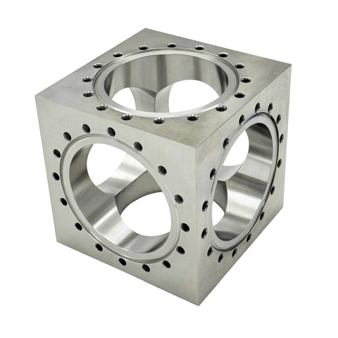 Six Channel UHV Cube Flange in 304 stainless steel with 101.6mm bore and sixteen M8 bolt holes for vacuum chambers by INTSUPERMAI