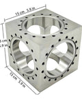 Six Channel UHV Cube Flange in 304 stainless steel with 101.6mm bore and sixteen M8 bolt holes for complex vacuum chamber layouts, conflat style.