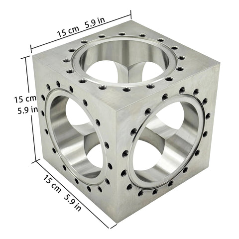 Six Channel UHV Cube Flange in 304 stainless steel with 101.6mm bore and sixteen M8 bolt holes for complex vacuum chamber layouts, conflat style.