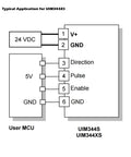 Diagram showing typical application wiring for UIM344XS with 24V DC input and 5V user MCU connections.