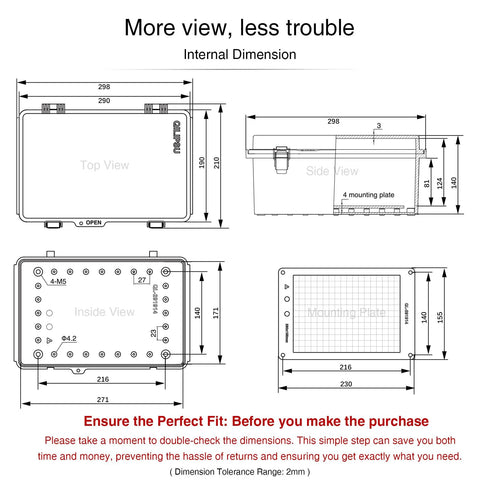 Technical diagram of UL94 V0 Outdoor Electrical Box 11.4 x 7.5 x 5.5 Inches showing internal dimensions and design specifics.