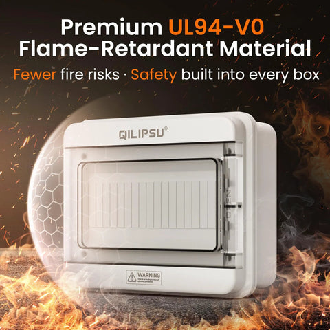 9 Way DIN Rail Circuit Breaker Box With UL94 V0 PC ABS Enclosure featuring flame-retardant material on a fiery background