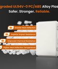 UL94 V0 Outdoor Electrical Box 11.4 x 7.5 x 5.5 Inches Pro Waterproof Weatherproof Junction Enclosure Constructed From PC ABS Alloy Plastic With Grey Hinged Door IP67 Construction For Harsh Exterior Environments highlighted with benefits.